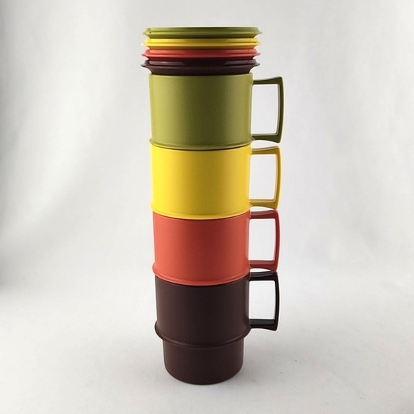 Tupperware Vintage Harvest Colours 4 Stackable Cups #1312  & Coasters #1313 - Picture 7 of 11